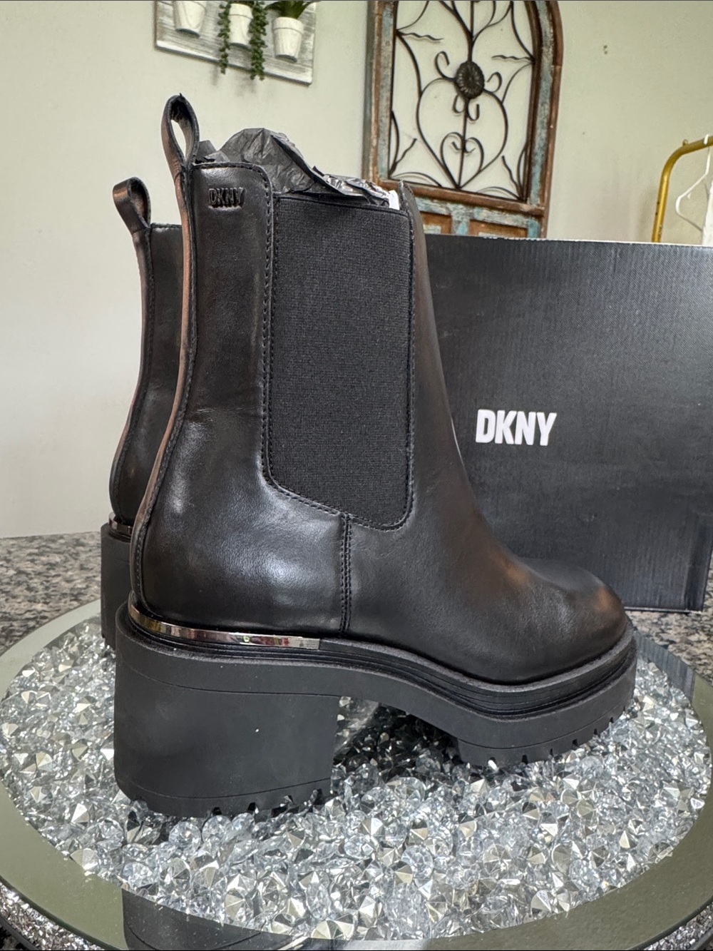 DKNY Black Leather Chelsea Platform combat moto Boots gunmetal logo NEW 8